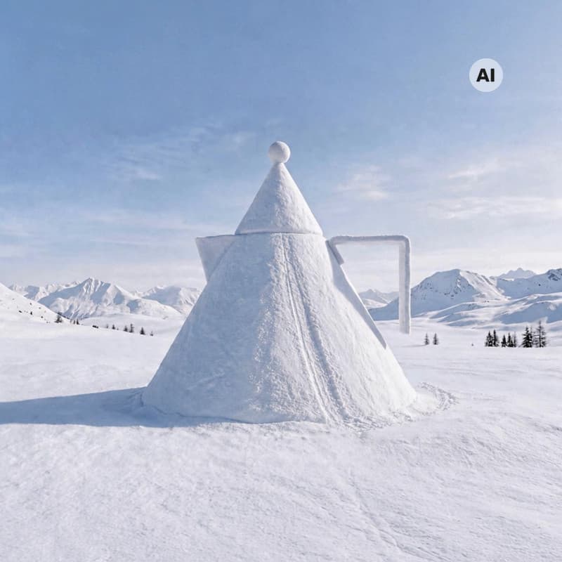 Una caffettiera Alessi scolpita nella neve, tra montagne innevate.