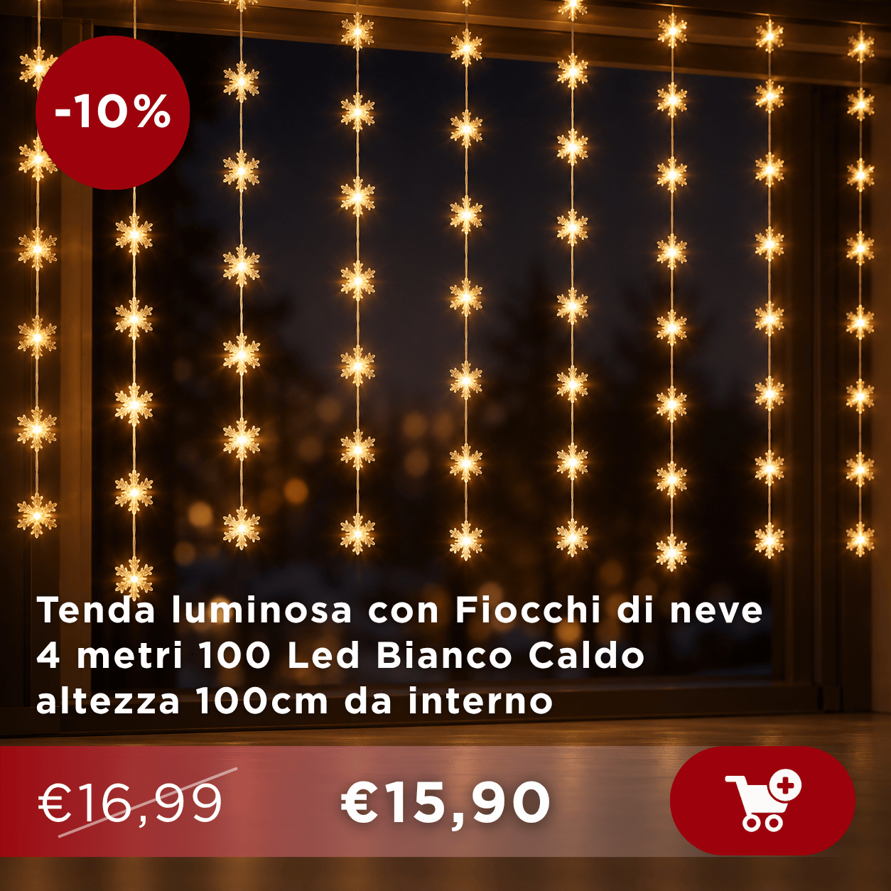 Indoor warm-white snowflake curtain lights, 4m string with 100 LEDs (100cm drop) hanging in a window, showing -10% sale badge