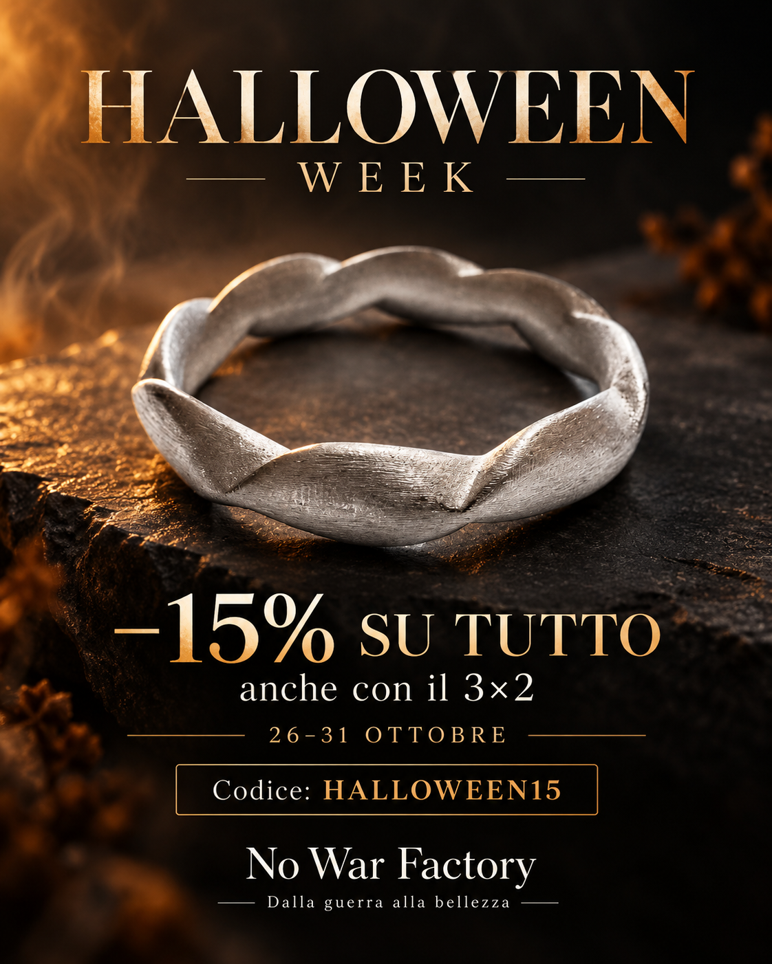 Halloween Week No War Factory: −15% su tutto, anche con il 3×2, dal 26 al 31 ottobre. Codice HALLOWEEN15.