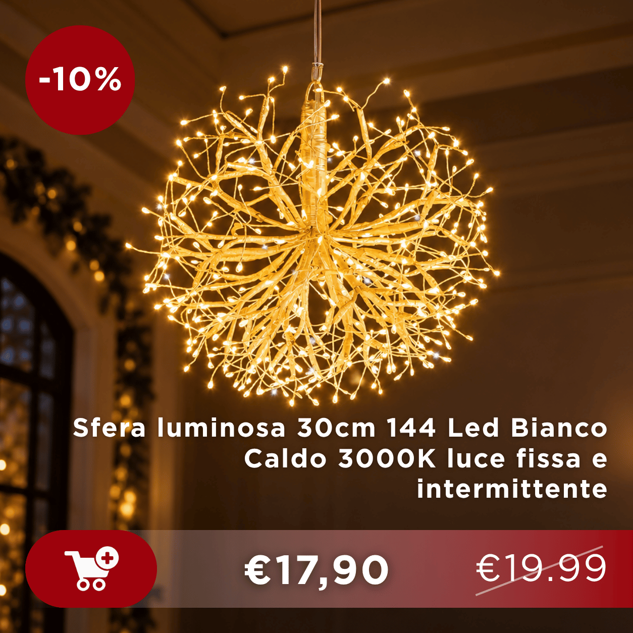Warm white 30cm spherical LED pendant light (144 LEDs, 3000K) glowing in a decorated interior with sale badge