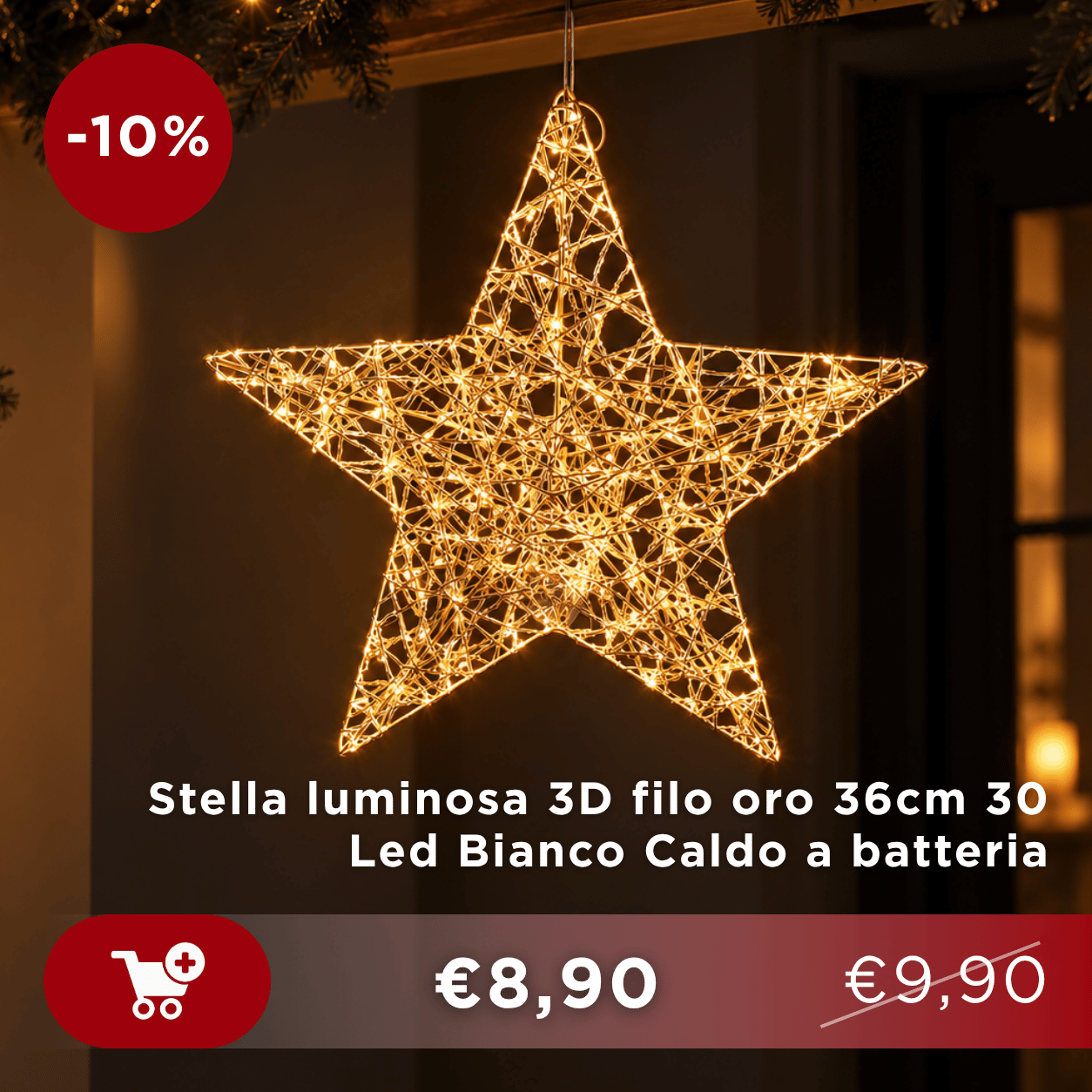 Battery-powered 36cm 3D gold wire star hanging decoration with warm white LED lights on dark background