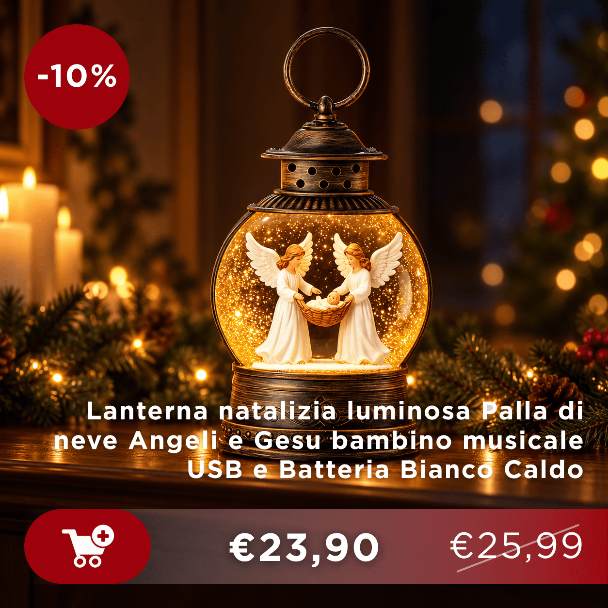 Christmas lantern snow globe with two angels holding Baby Jesus, warm LED musical ornament, USB and battery powered