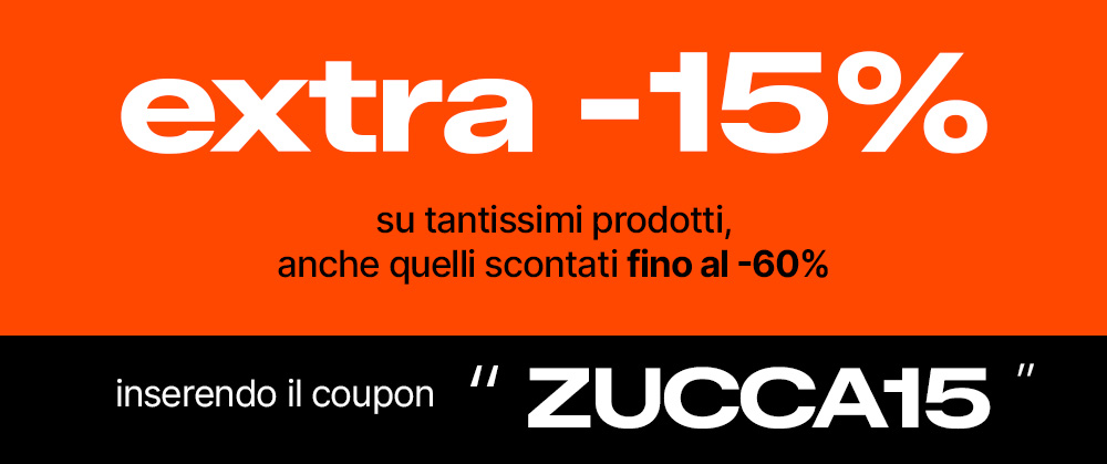 Promotional banner: extra 15% off many products (some up to 60% off) with coupon code ZUCCA15
