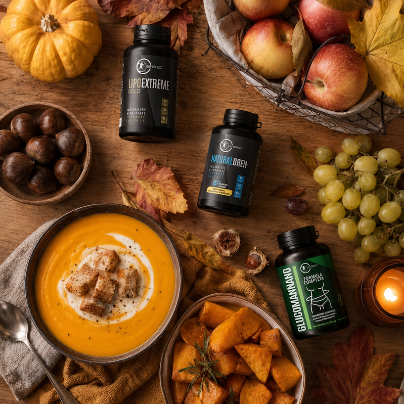 Tavola autunnale imbandita con Lipo Extreme Gold, Glucomannano e Natural Dren
