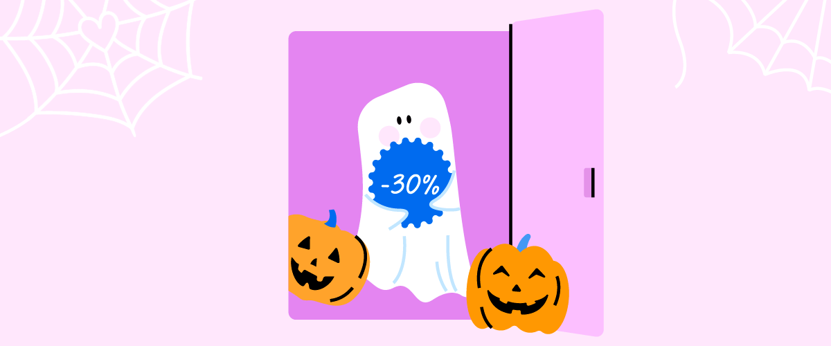 Ghost with pumpkins, 30% off in pink room.