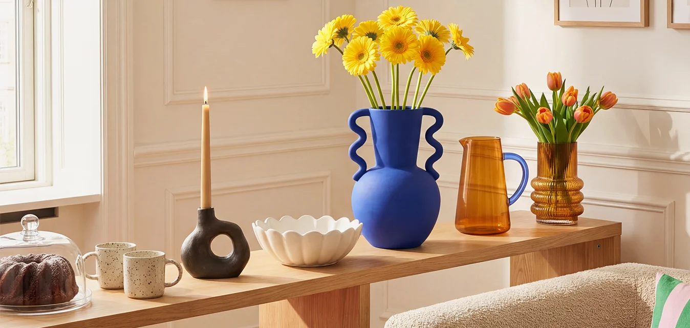 Mensola in legno con margherite gialle in vaso blu, tulipani arancioni in vaso ambra, candela accesa, tazze e scatole verdi e arancioni accanto al divano beige.