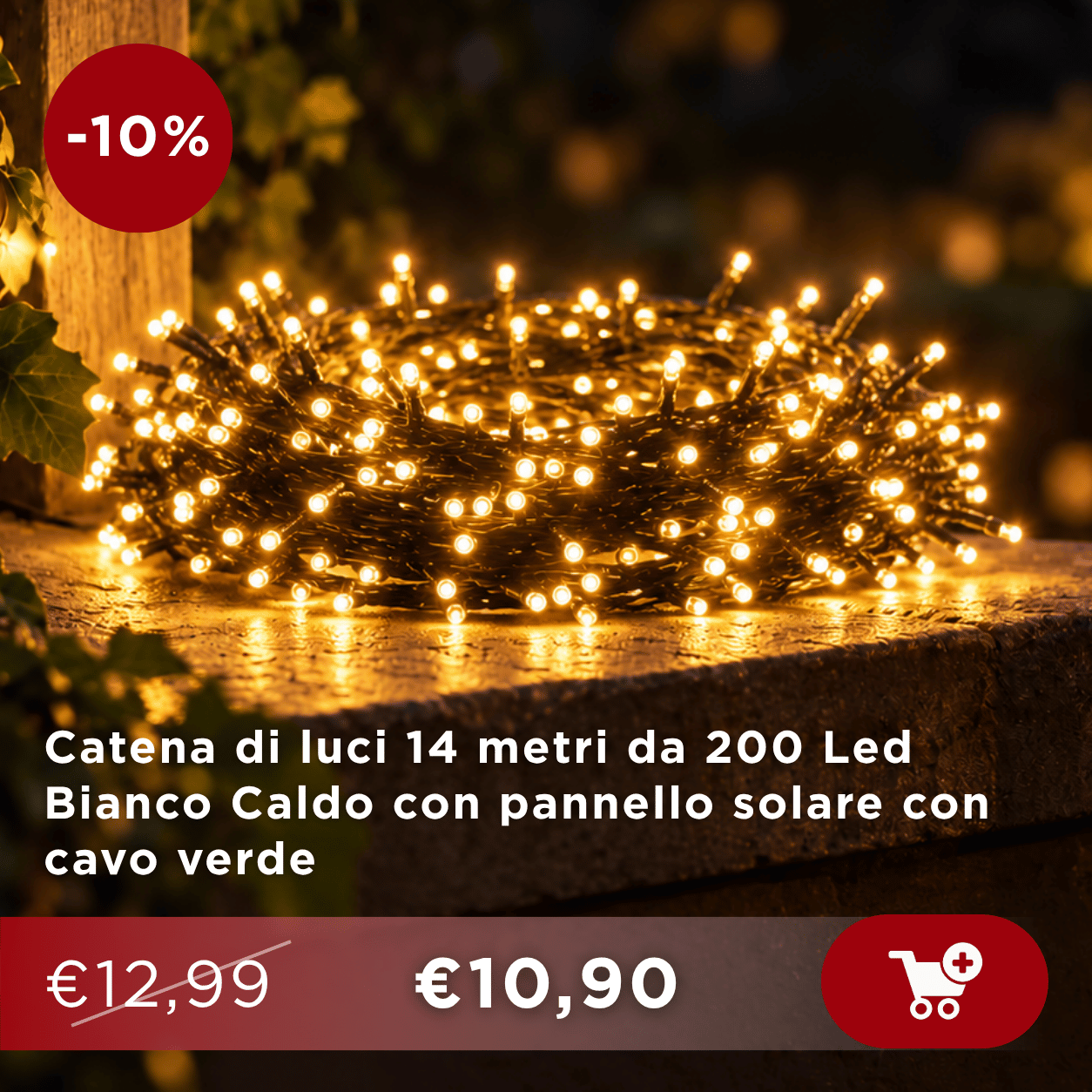 Warm white 14‑metre solar string lights (200 LEDs) coiled on stone with green cable — product on -10% sale