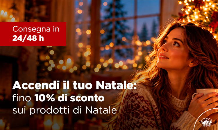 Cosy woman holding a mug by a Christmas tree with fairy lights, Christmas sale banner offering up to 10% off and 24/48h delivery