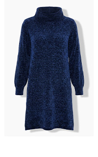 Abito in maglia, chenille, linea A, colletto alto, maniche lunghe