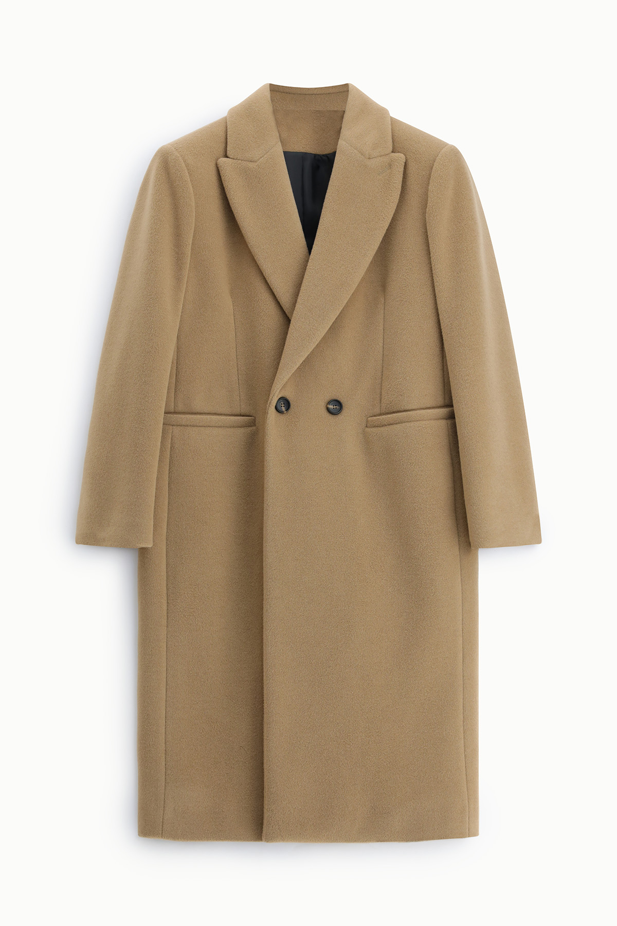 Men's camel double-breasted wool overcoat with notch lapels and welt pockets, black inner lining, flat-lay on white background