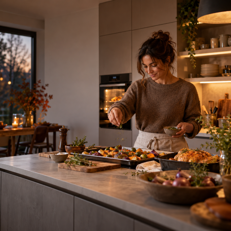 Woman seasoning roasted vegetables and roast chicken on kitchen island at dusk, cosy modern kitchen with herbs and oven