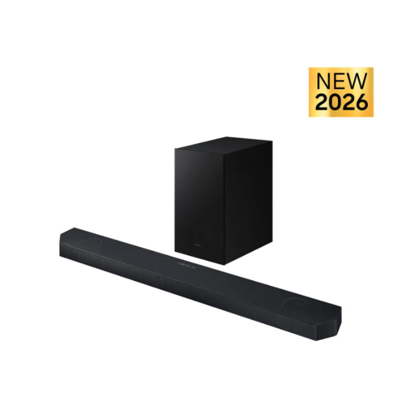Black soundbar and wireless subwoofer (New 2026 model) on white background, slim rectangular soundbar with tall rectangular subwoofer