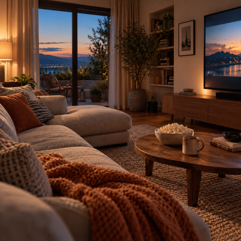 Cozy living room at dusk with plush sectional, rust knit throw, wooden coffee table with popcorn bowl and mug, TV and balcony city view