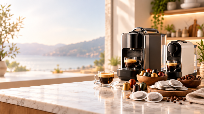 Two pod coffee machines, espresso cups and capsules on a marble kitchen counter with a sunny coastal view.