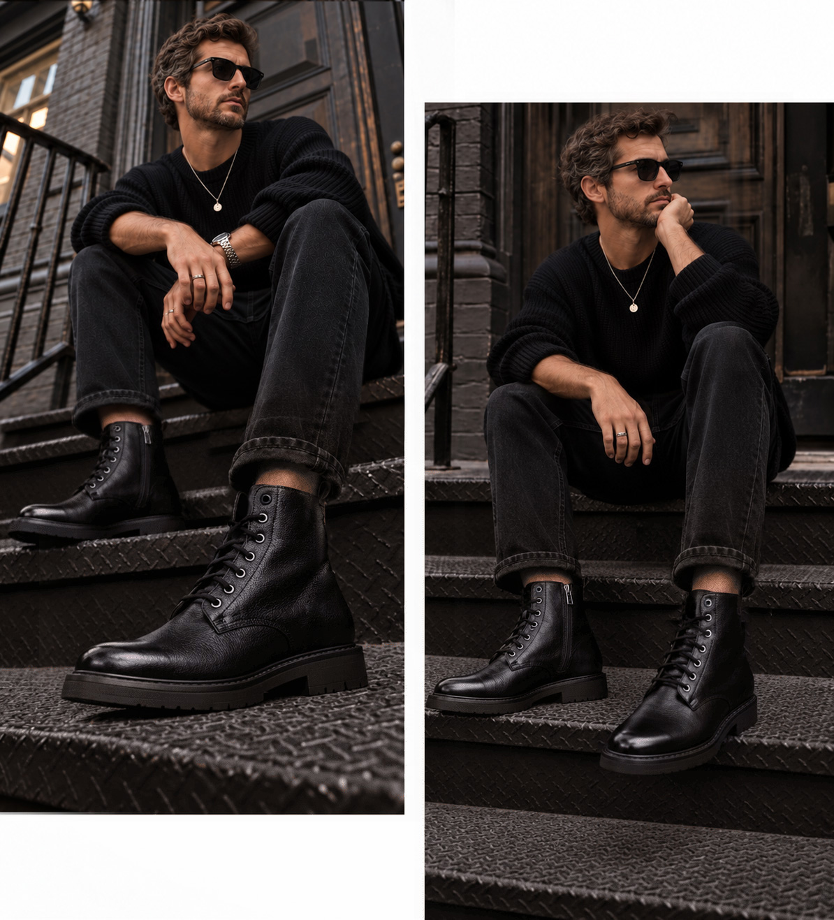 Stylish man in black sweater and sunglasses sitting on metal stoop wearing lace-up black leather boots; close-up of boots and relaxed pose.