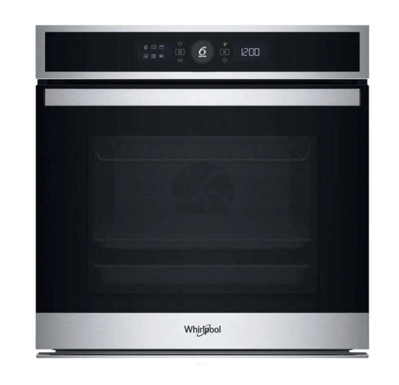 Whirlpool built-in stainless steel electric oven with black glass door and digital display