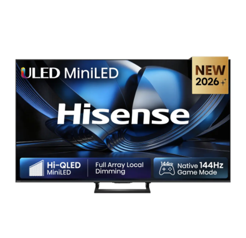 Hisense ULED MiniLED TV front view with Hi‑QLED, Full Array Local Dimming and native 144Hz Game Mode, new 2026 model