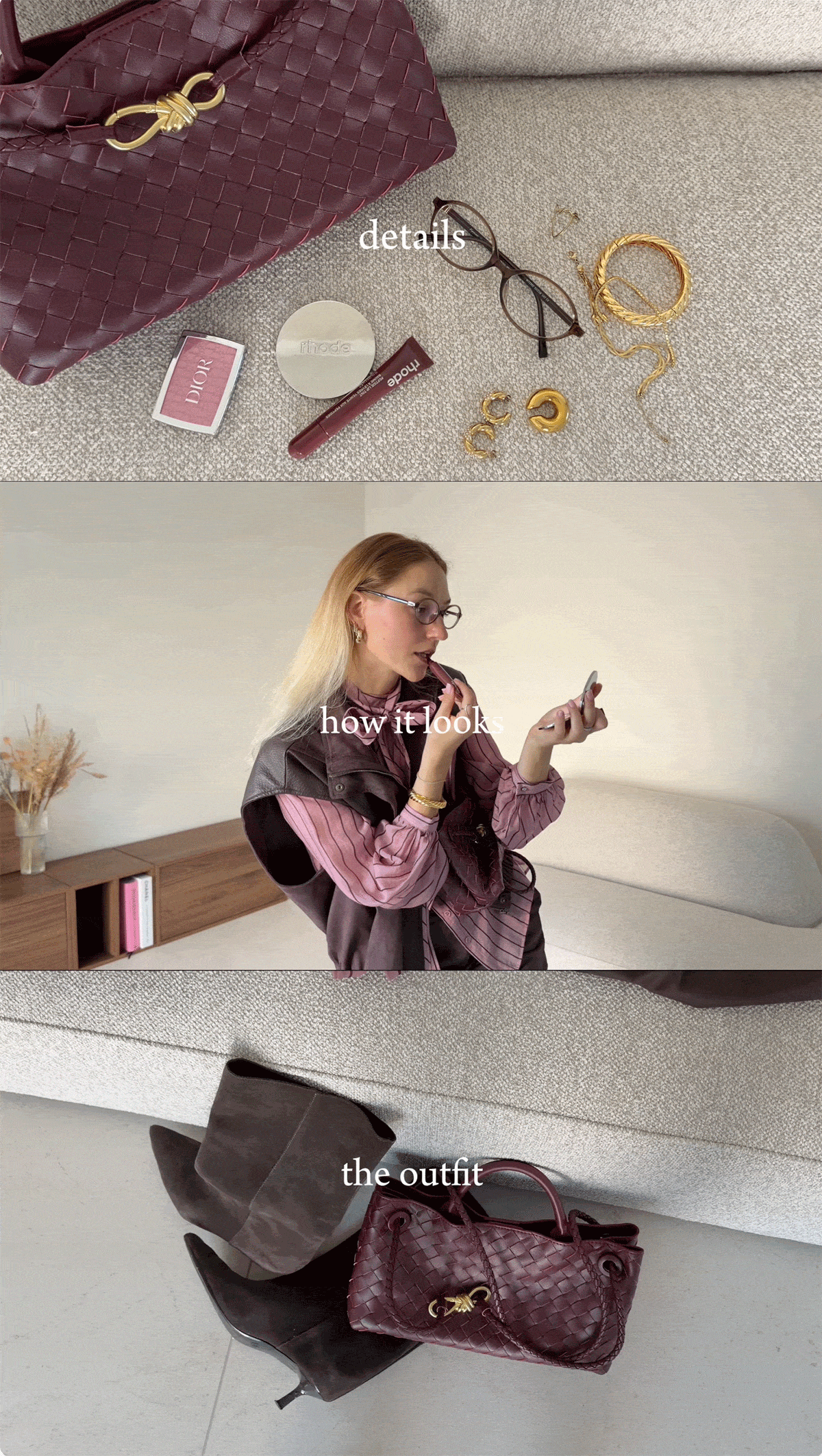 Fashion collage: woman modelling pink blouse, brown blazer and skirt with boots, burgundy quilted handbag and matching accessories