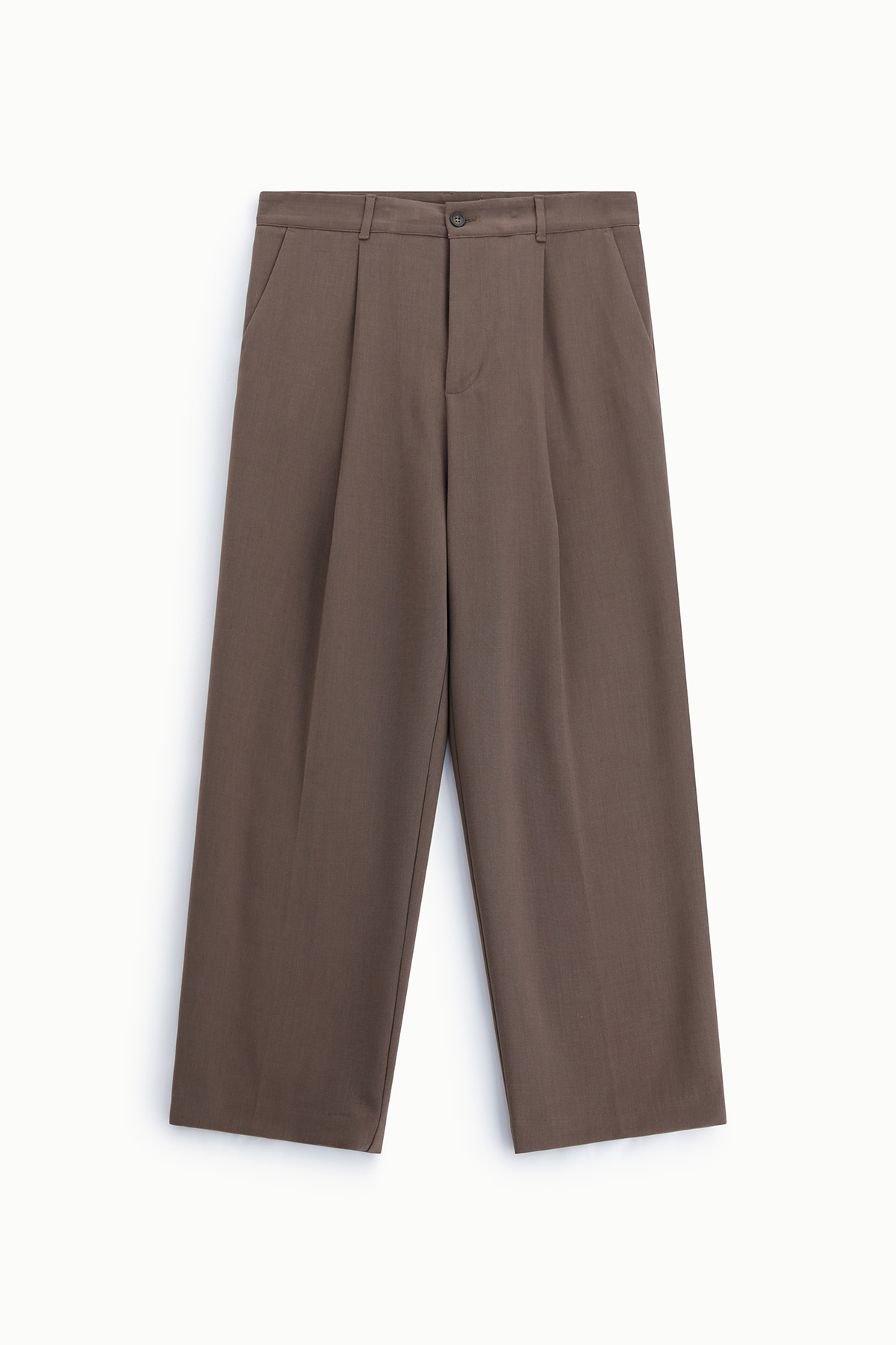 Brown wide-leg pleated tailored trousers, high waist with belt loops and front pockets