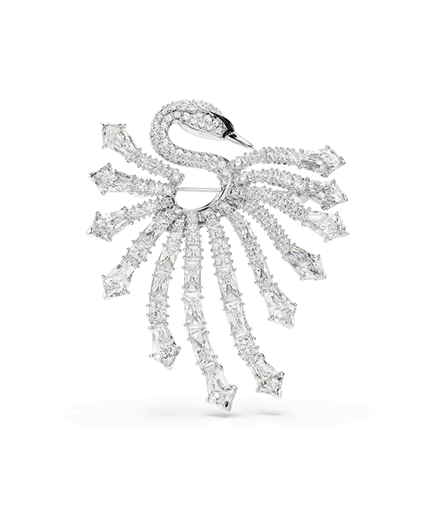 Spilla Vienna, Taglio misto, Cigno, Bianca, Placcata rodio