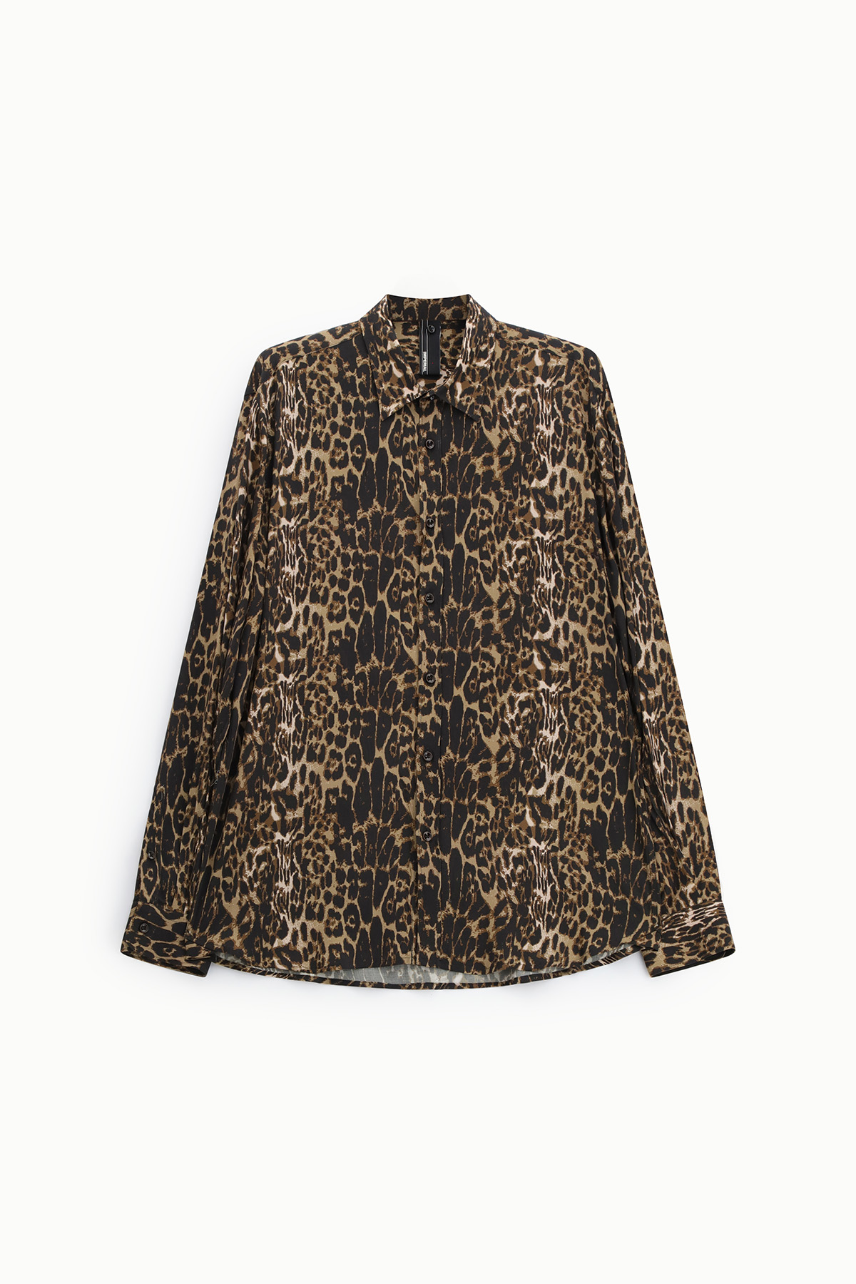 Leopard-print women's long-sleeve button-up shirt with collar, brown and black on white background