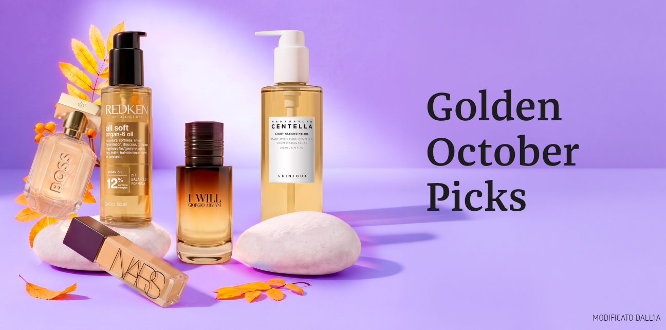 Golden October Picks: una selezione di prodotti beauty popolari come profumi, fondotinta e skincare su uno sfondo viola con pietre e foglie autunnali decorative.