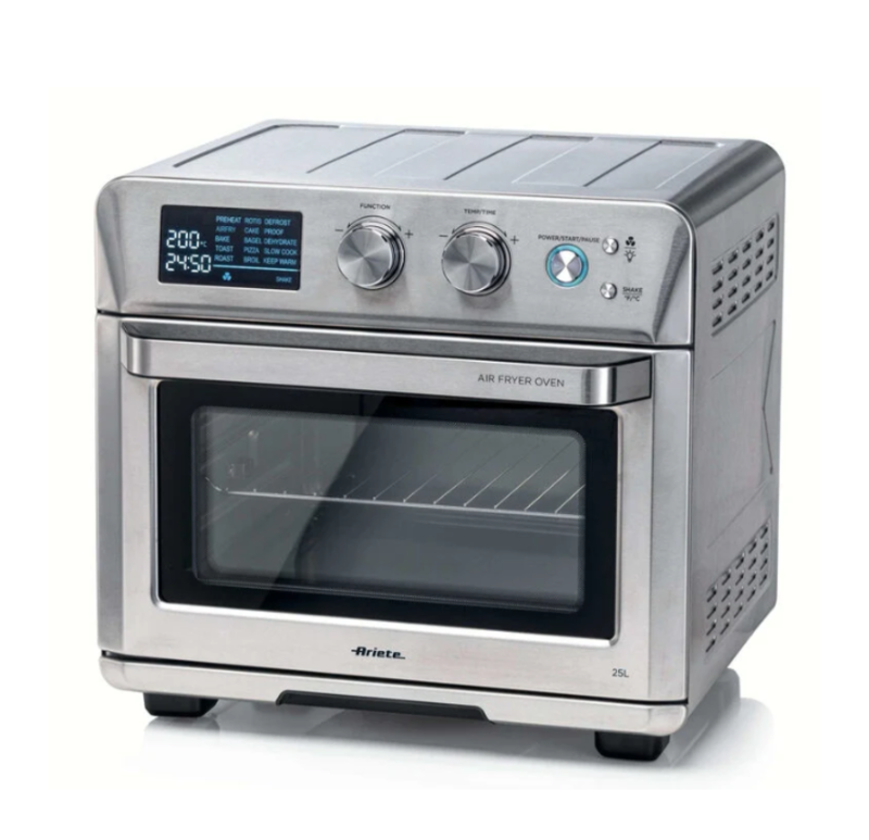 25L stainless-steel air fryer oven with digital blue display, two control knobs and glass door on countertop