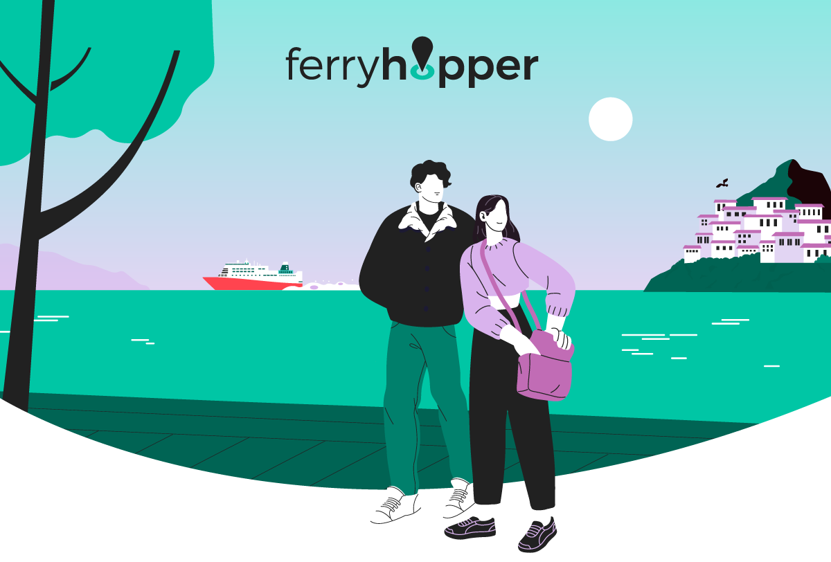 Ferry at sea near scenic coastline and trees.