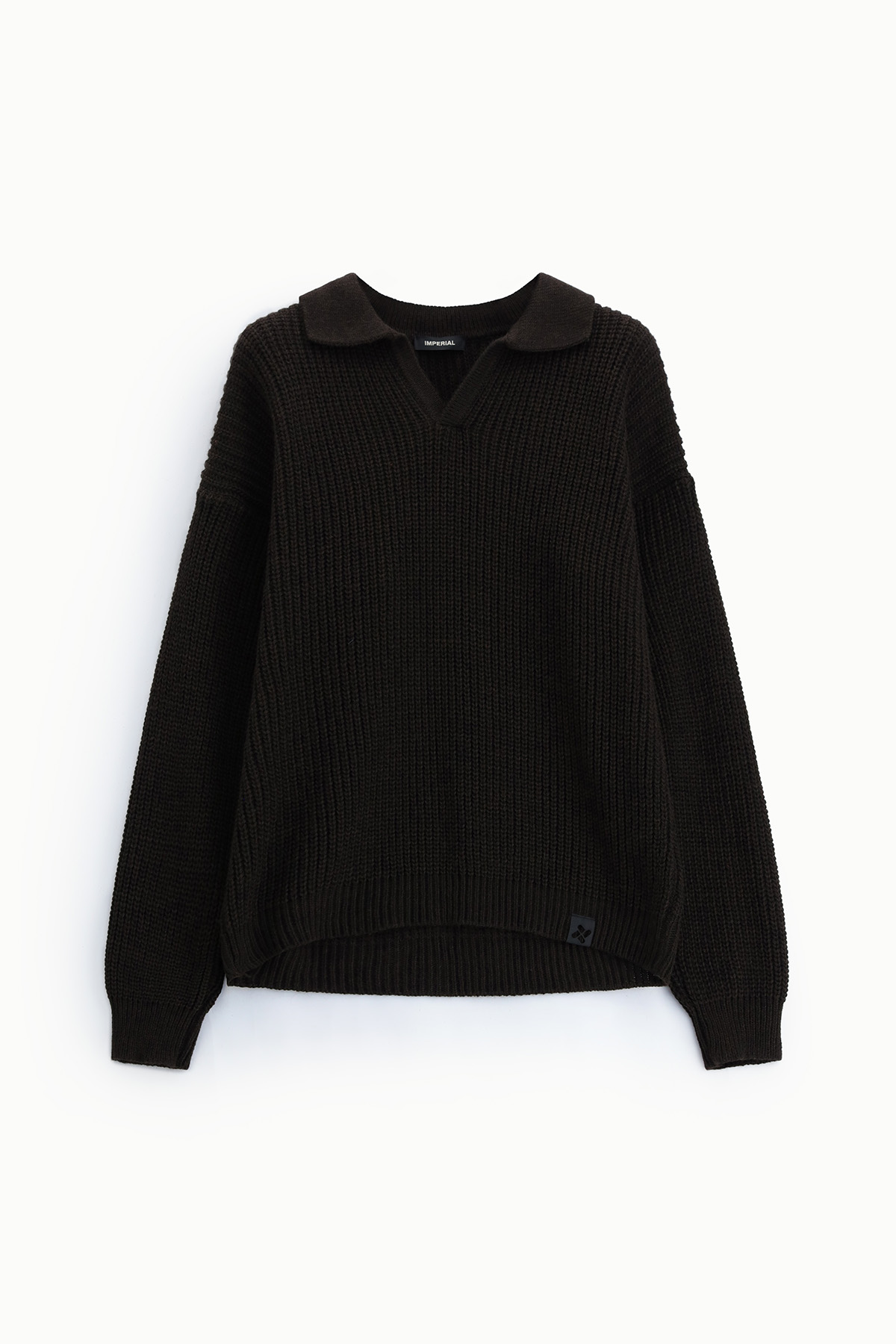 Black chunky knitted polo-collar sweater with long sleeves and ribbed hem, textured knitwear on white background