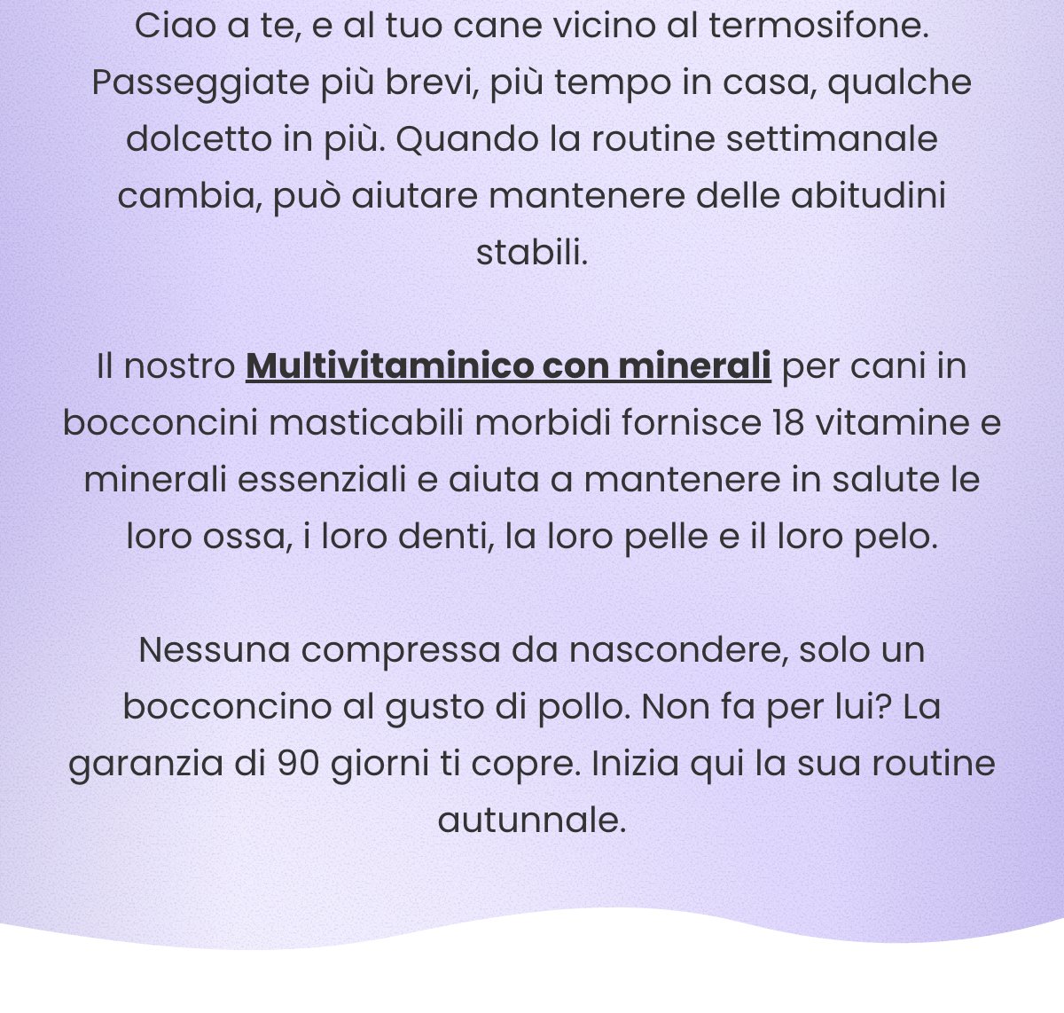 Ciao a te, e al tuo cane vicino al termosifone. Passeggiate più brevi, più tempo in casa, qualche dolcetto in più. Quando la routine settimanale cambia, può aiutare mantenere delle abitudini stabili. Il nostro Multivitaminico con minerali per cani in bocconcini masticabili morbidi fornisce 18 vitami
