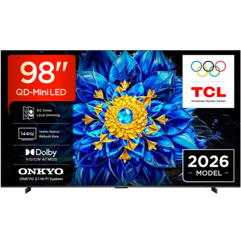 TCL 98-inch QD-Mini LED 2026 TV displaying vivid blue and yellow flower; 144Hz, 512-zone local dimming, Dolby Vision‑Atmos, Onkyo audio