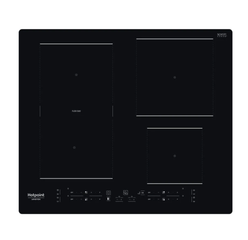 Hotpoint black glass induction hob with four cooking zones, left flexi duo zone and touch slider controls