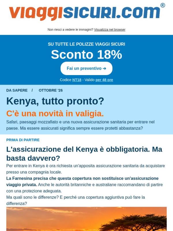 - 18% sulle polizze e novità per viaggi in Kenya