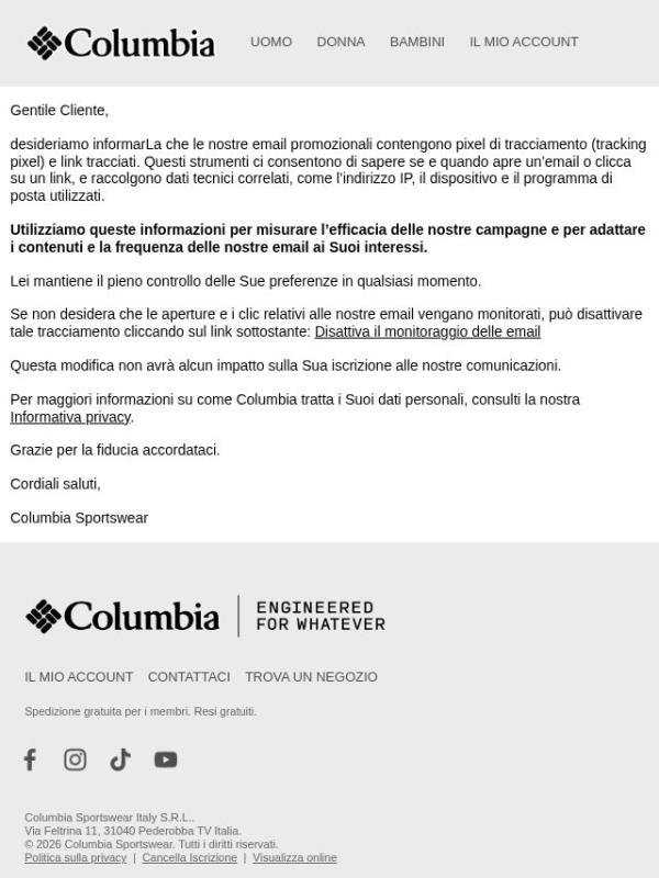 Informazioni relative agli indicatori di monitoraggio delle nostre email.