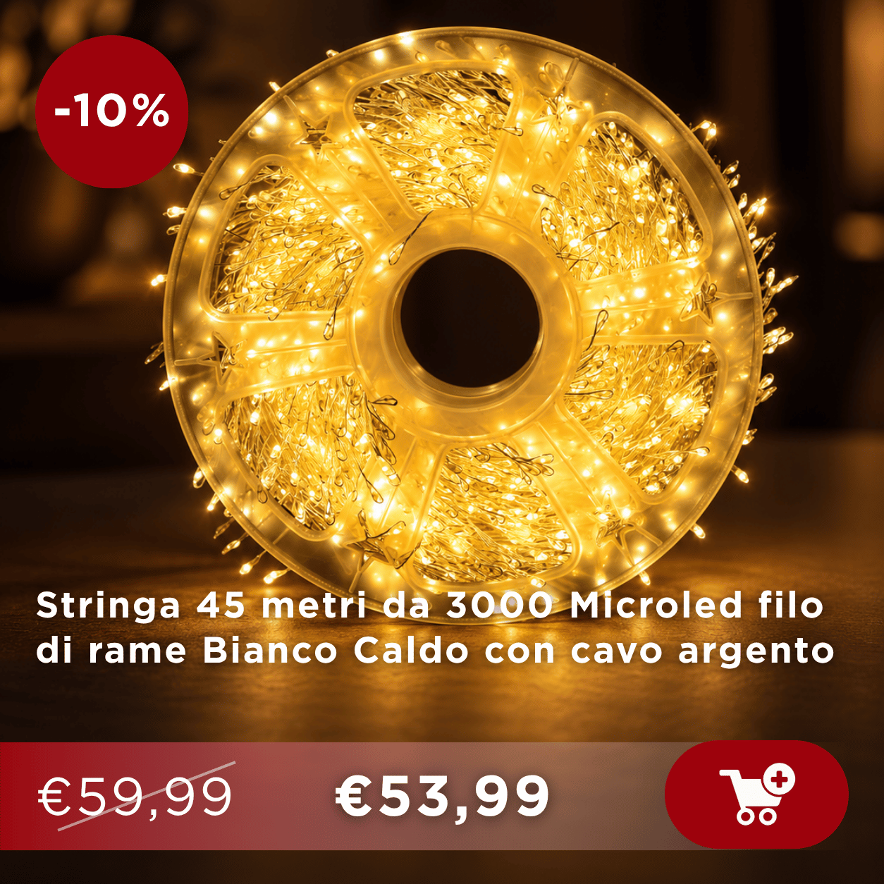 Spool of 45m micro-LED string lights, 3000 warm-white LEDs on copper wire with silver cable, -10% sale price €53.99
