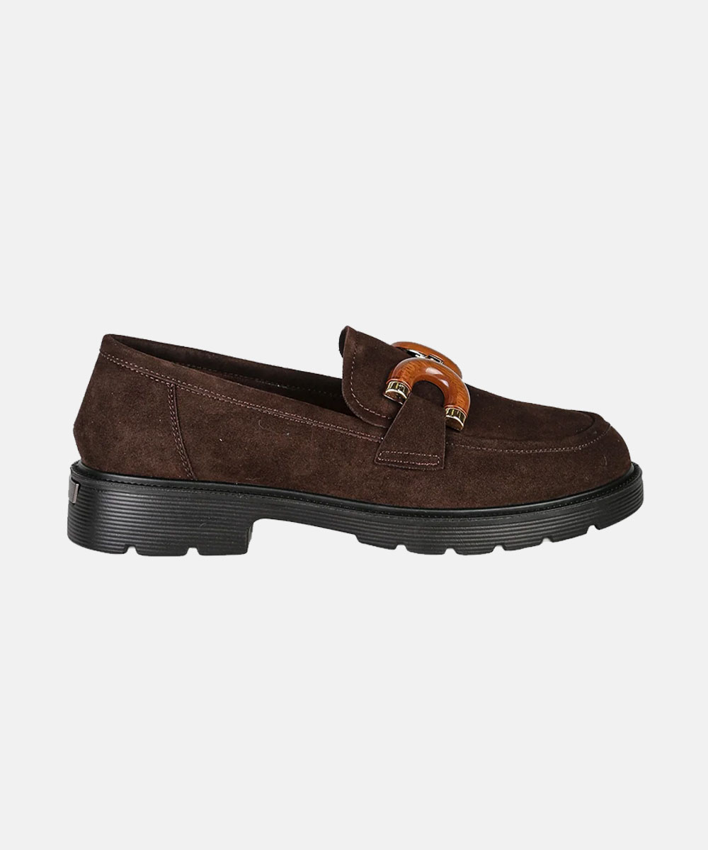 Brown suede women's loafer with chunky black rubber sole and decorative wooden buckle