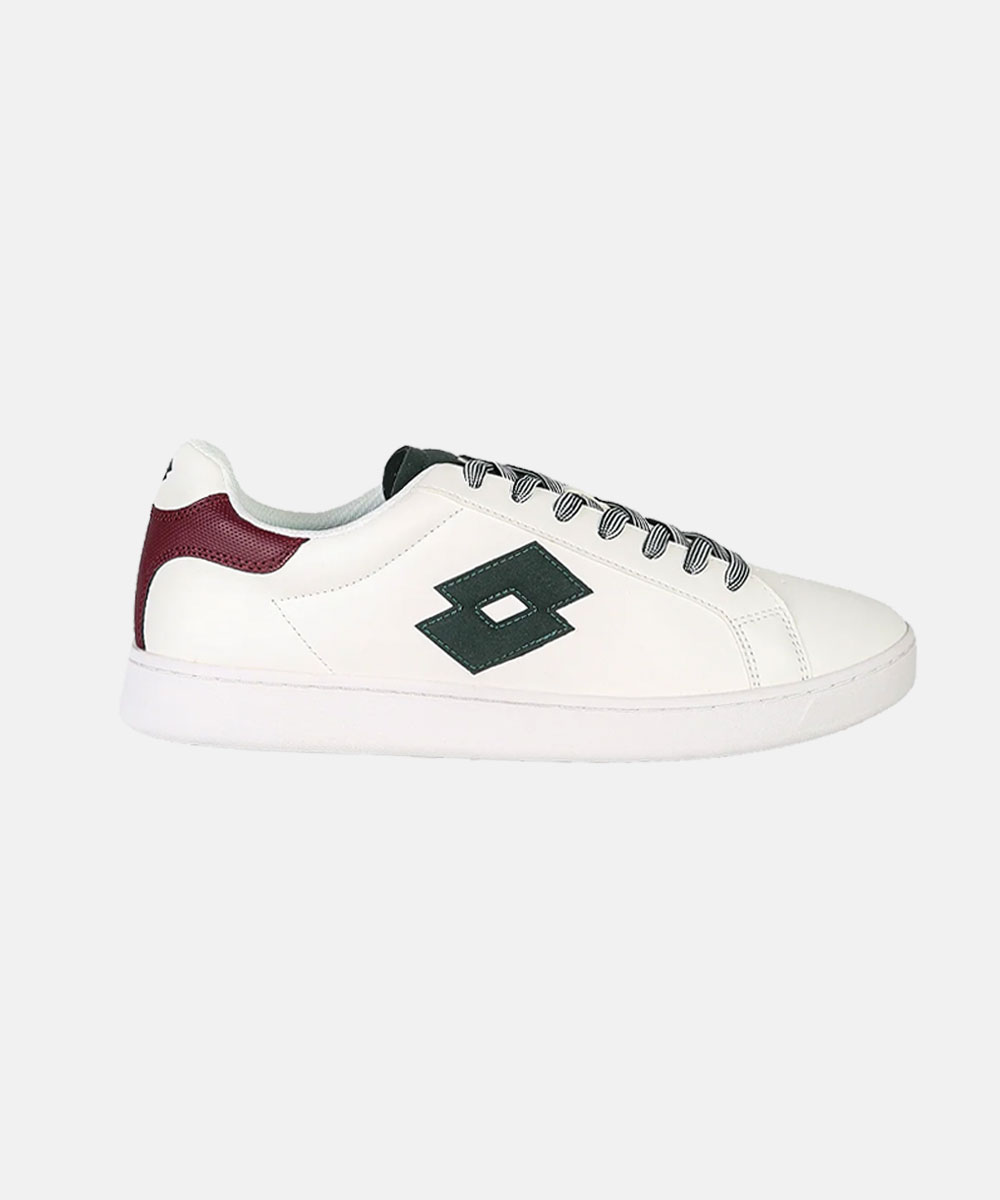 White leather low-top sneaker, side view with burgundy heel panel, dark green logo and black-and-white laces