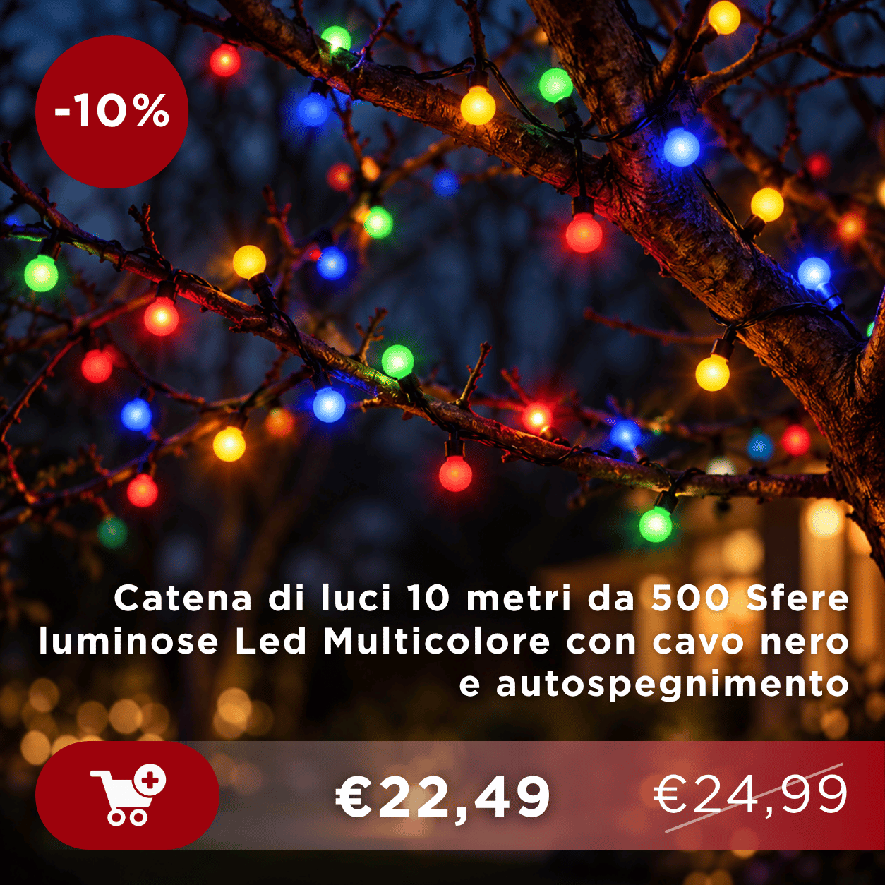 Multicolour LED string lights draped on a tree, 10-metre with 500 bulbs on black cable, auto shutoff, sale badge and price