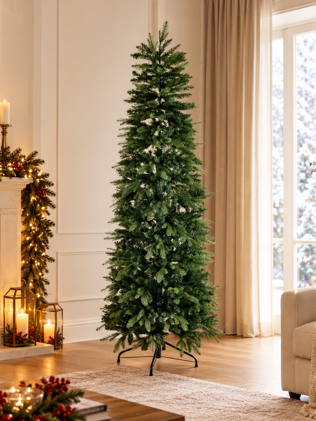 Albero di Natale slim Russel verde in un salotto
