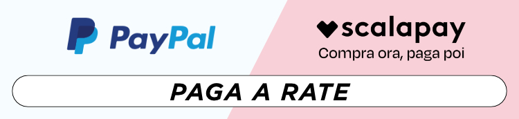 PayPal and Scalapay logos with Italian slogan 'Compra ora, paga poi' and 'Paga a rate' banner, pay in instalments