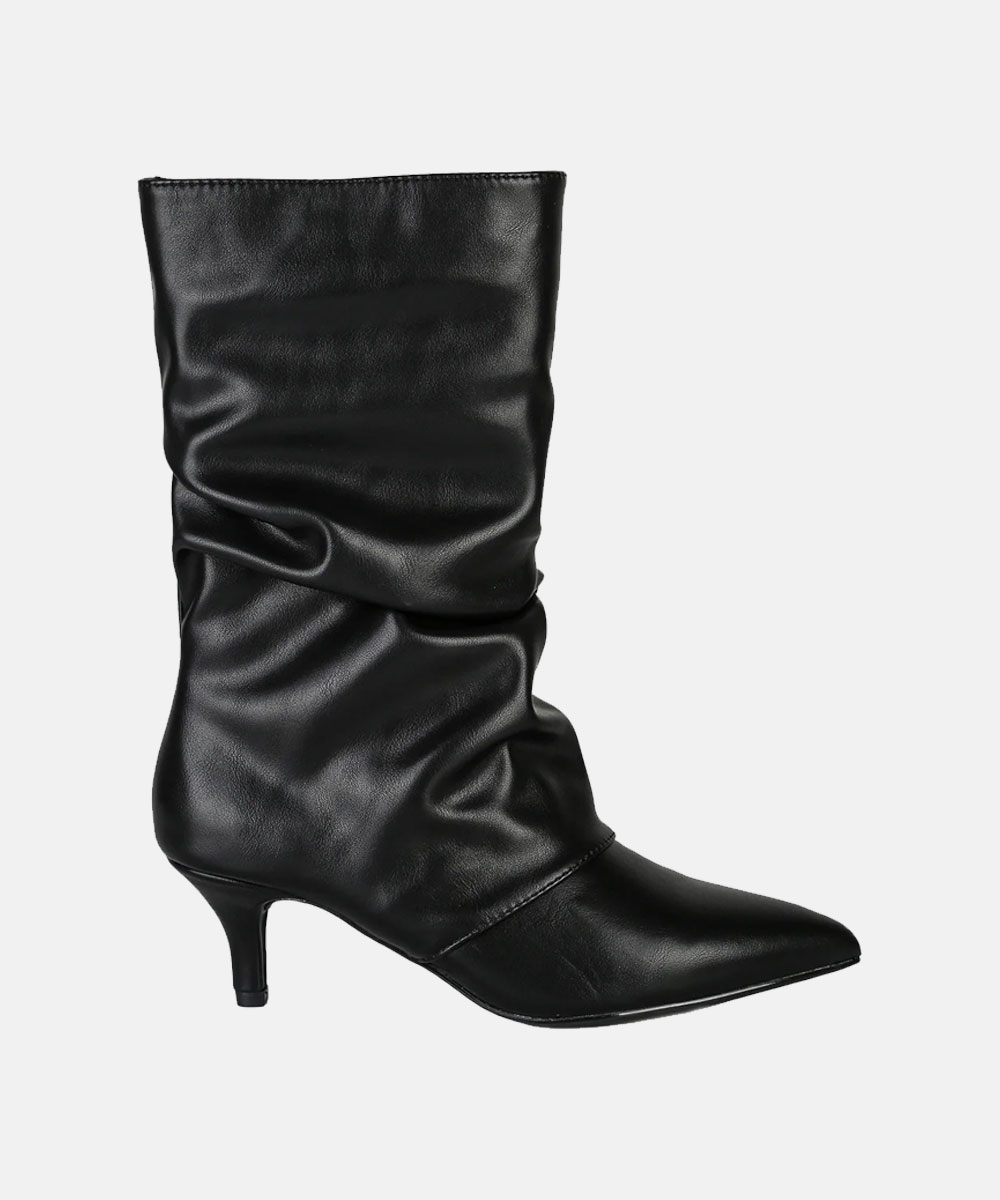 Black leather slouch mid-calf boot with pointed toe and low kitten heel, fashion women's ankle-to-calf footwear