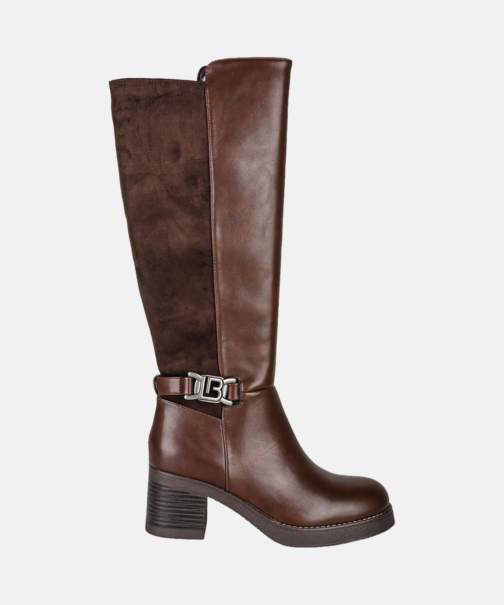 Brown knee-high women’s boot in leather and suede with block heel and decorative side buckle