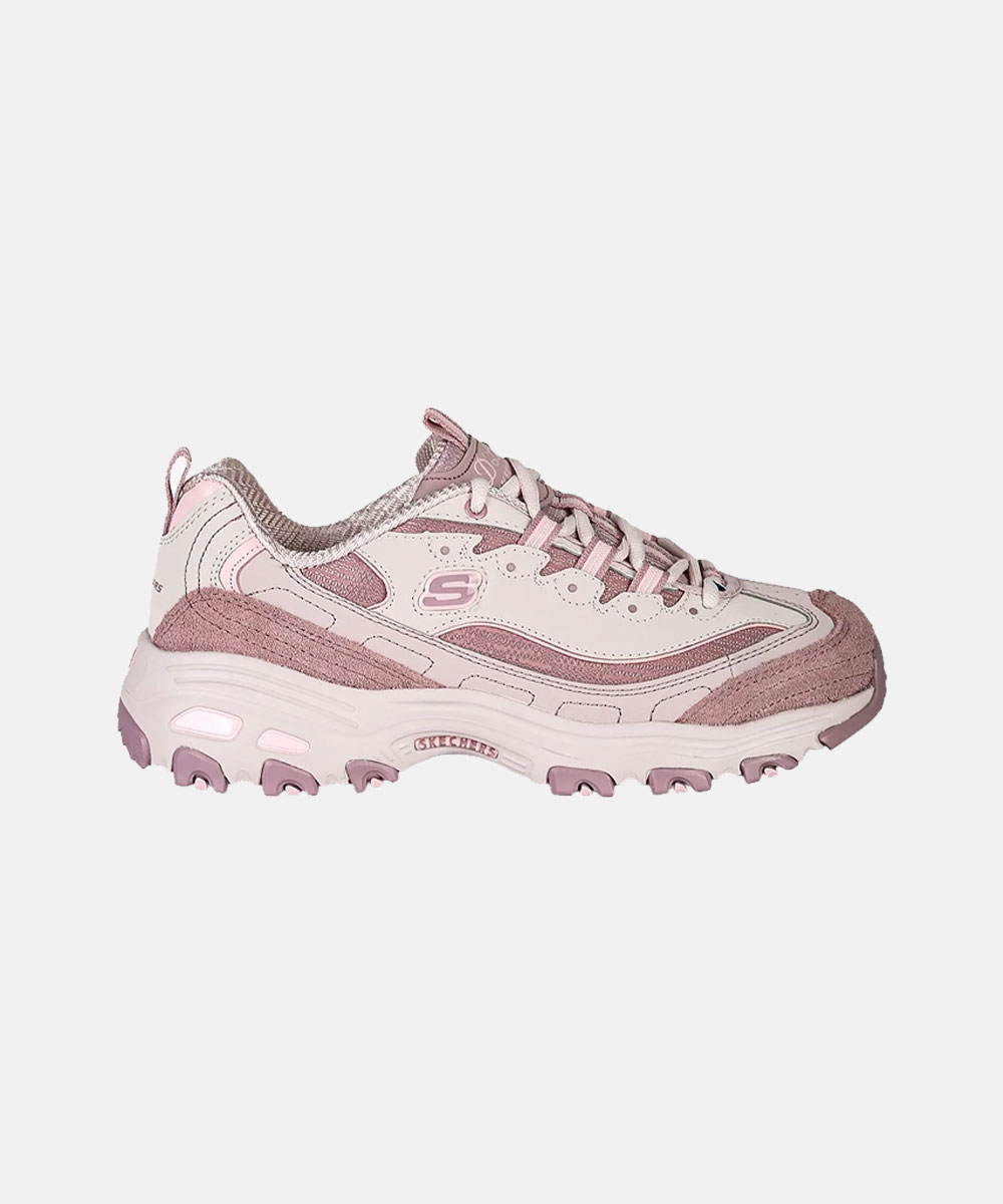 Women's pink Skechers chunky trainer, side profile on white background, suede and mesh upper with thick lugged sole
