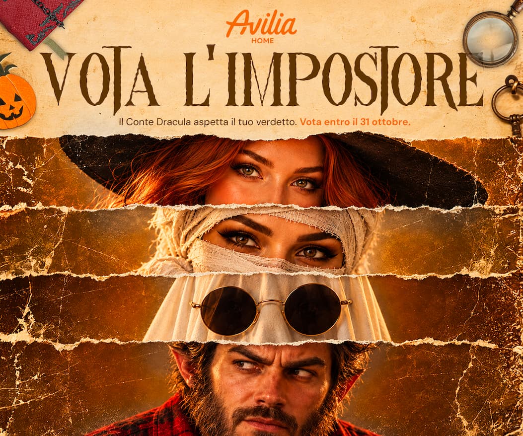 Collage Halloween con i volti di Strega, Mummia, Fantasma e Lupo Mannaro. Vota l’impostore entro il 31 ottobre: il Conte Dracula aspetta il tuo verdetto.