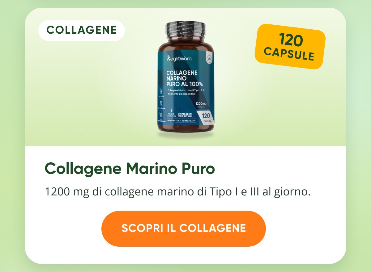 Collagene Marino Puro 1200 mg di collagene marino di Tipo I e III al giorno. Scopri il collagene