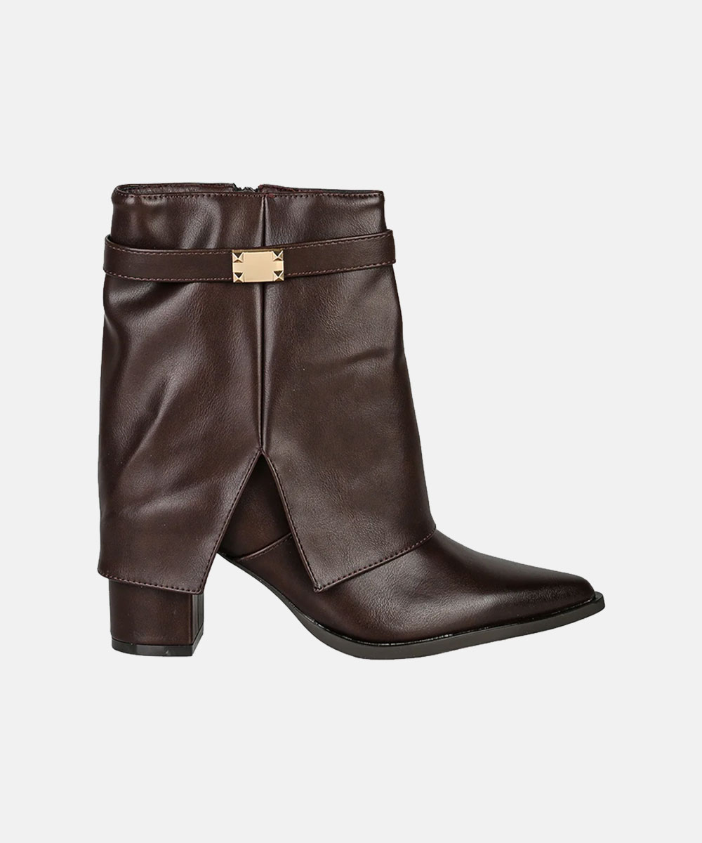 Dark brown leather ankle boot with mid block heel, pointed toe, front slit and decorative gold buckle strap