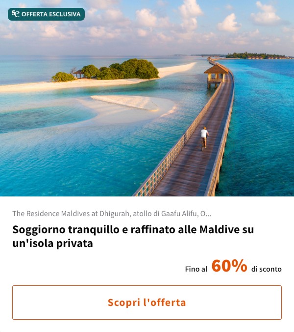 Soggiorno tranquillo e raffinato alle Maldive su un'isola privata