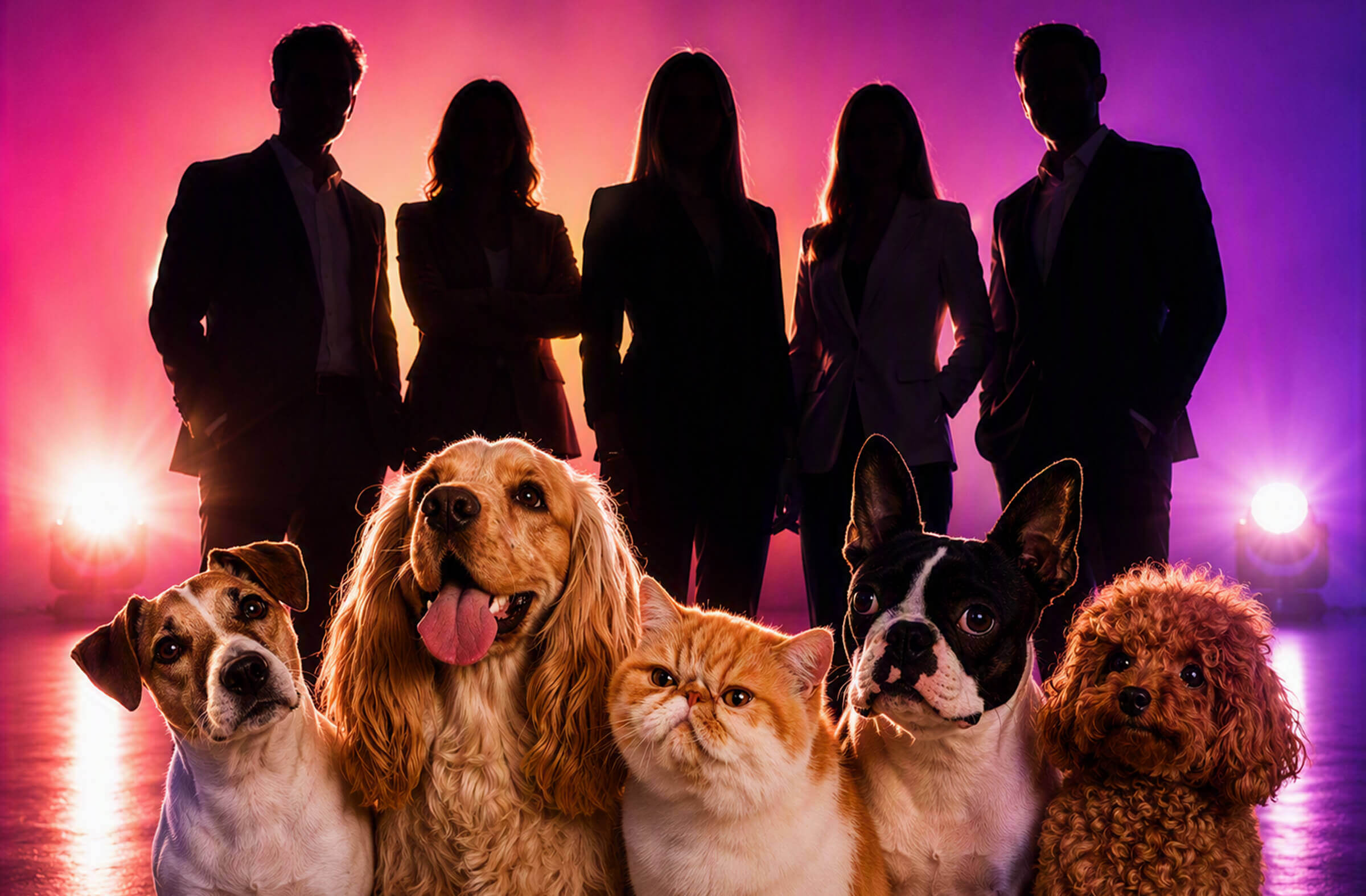 I cinque pet delle celebrity, quattro cani e un gatto, in posa davanti alle sagome dei loro proprietari su un palco illuminato (immagine generata con AI).