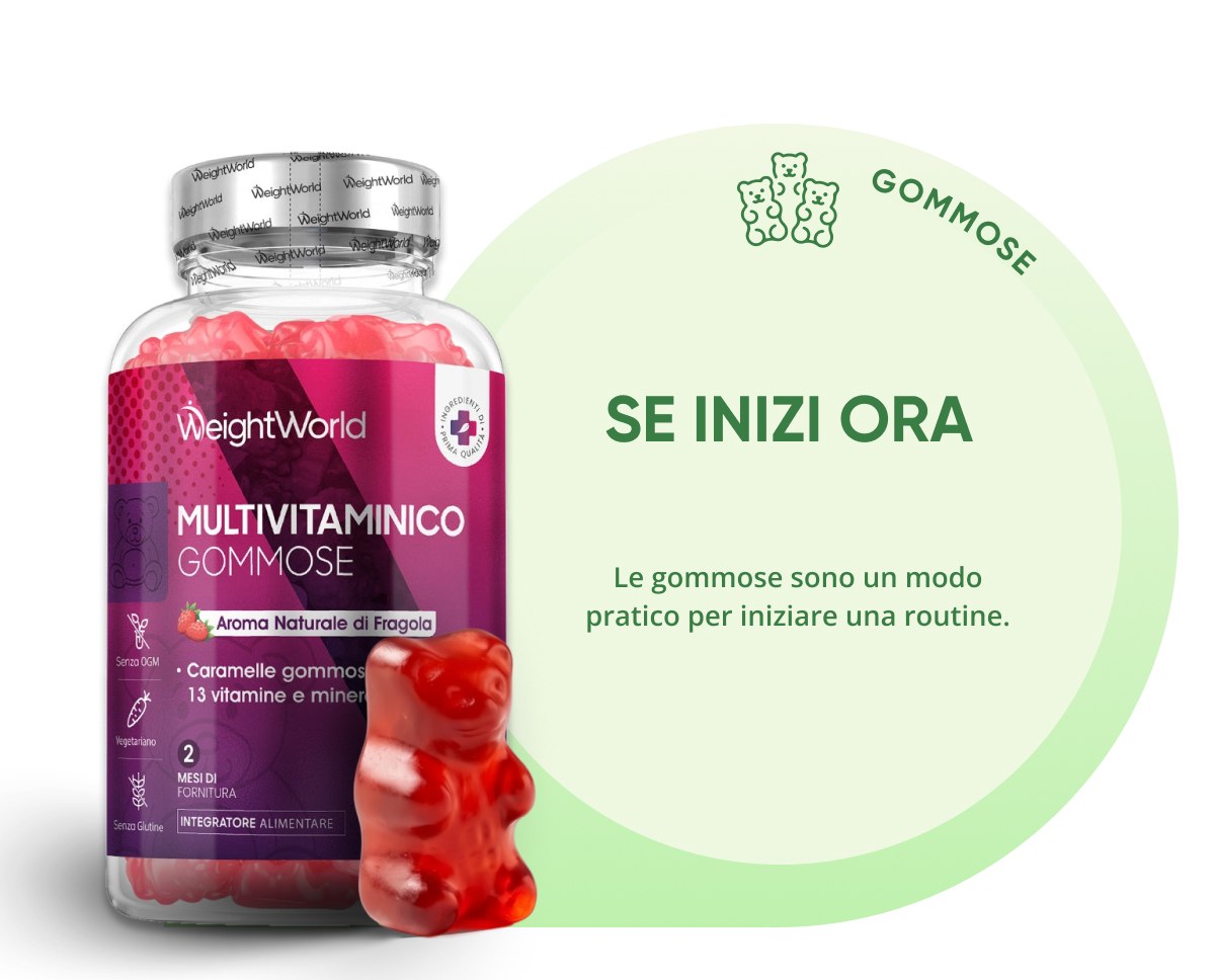 WeightWorld Multivitaminico GommoSE Aroma Naturale di Fragola 2 Caramelle gommose 13 vitamine e minerali Se inizi ora Le gommose sono un modo…