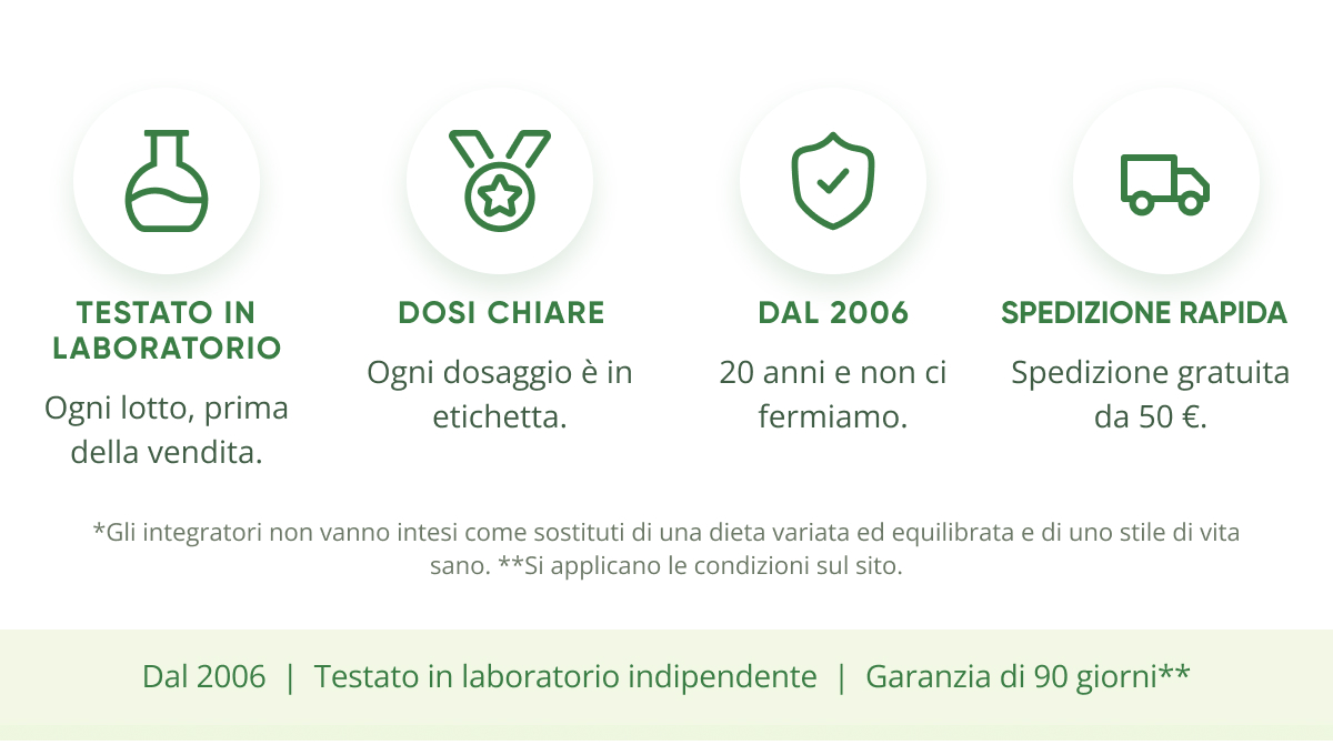 Testato in laboratorio Ogni lotto, prima della vendita. Dosi chiare Ogni dosaggio è in etichetta. Dal 2006 20 anni e non ci fermiamo.
